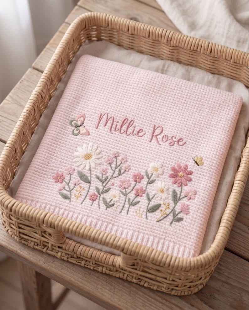 Personalized Floral Embroidered Baby Blanket - Custom Name Knitted Throw, Welcome Baby Blanket, Nursery Keepsake, Keepsake Newborn