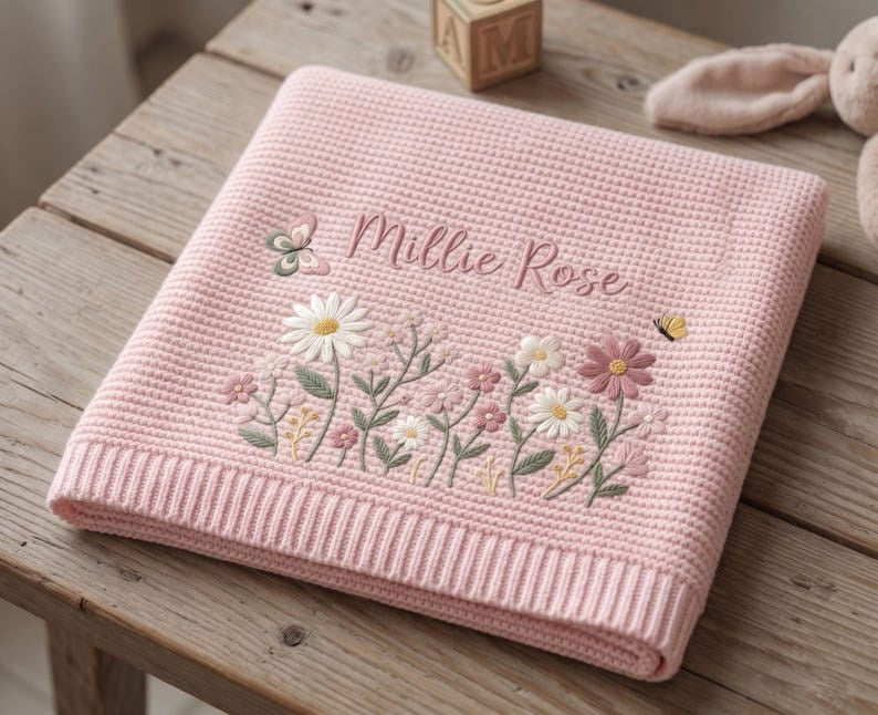 Personalized Floral Embroidered Baby Blanket - Custom Name Knitted Throw, Welcome Baby Blanket, Nursery Keepsake, Keepsake Newborn