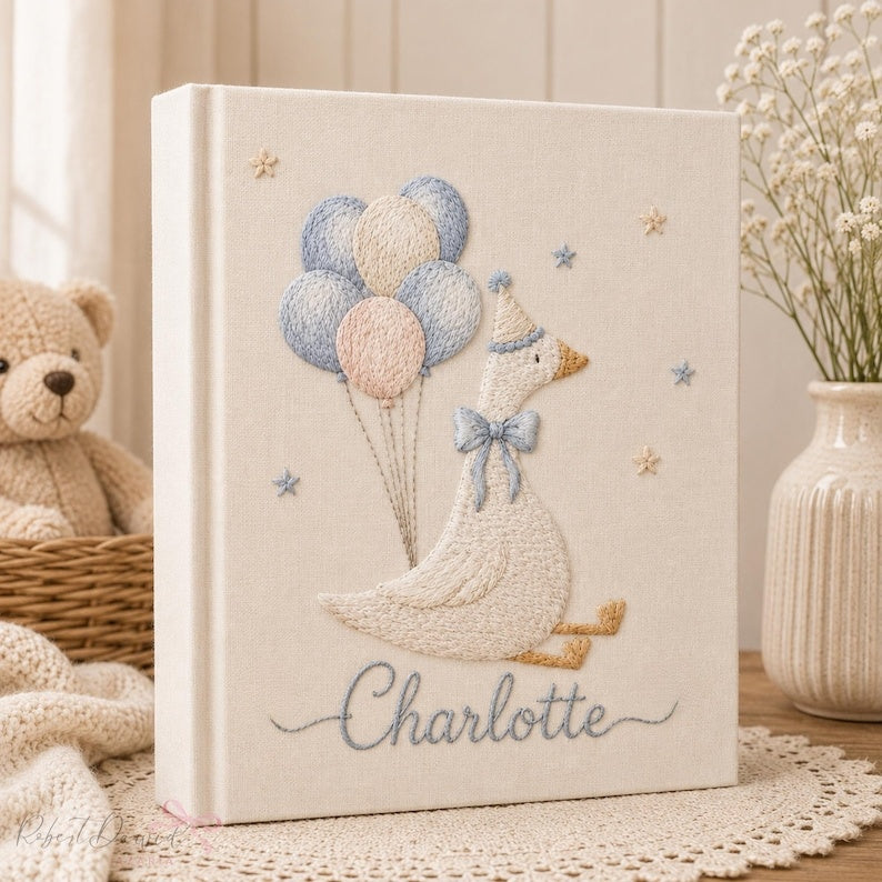 Personalized Embroidered Baby's Photo Album, Custom Goose & Hydrangea Motif, Heirloom Baby Keepsake, Newborn Photo Storage EPLB06