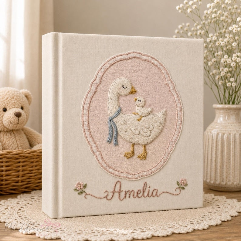 Personalized Embroidered Baby's Photo Album, Custom Goose & Hydrangea Motif, Heirloom Baby Keepsake, Newborn Photo Storage EPLB06