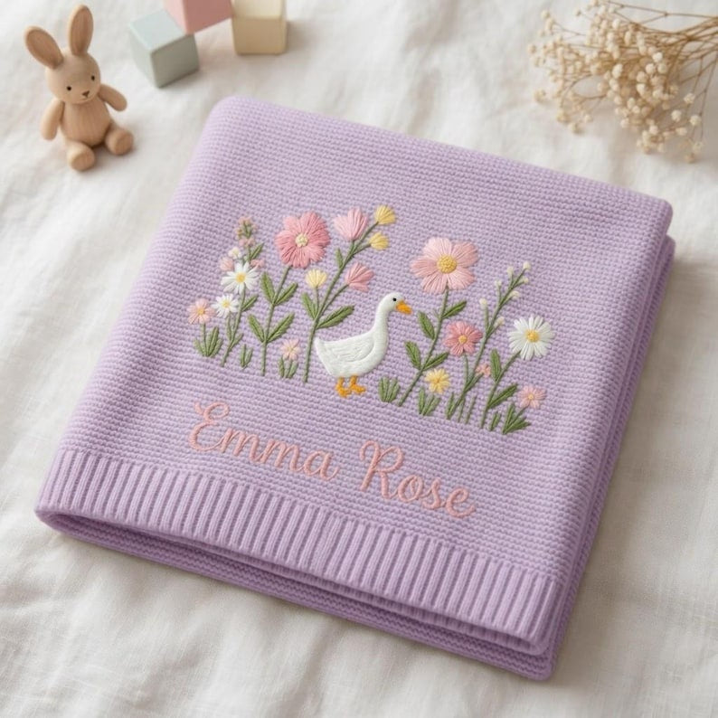 Personalized Embroidered Goose Floral Baby Blanket - Duck Wildflower Knit Throw, Newborn Blanket, Nursery Keepsake, Newborn Gift For Baby