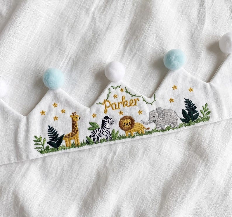 Safari Animals Personalized Birthday Baby Crown, Hand Embroidered Linen Baby Crown, Custom Jungle Name Crown, First Birthday Crown