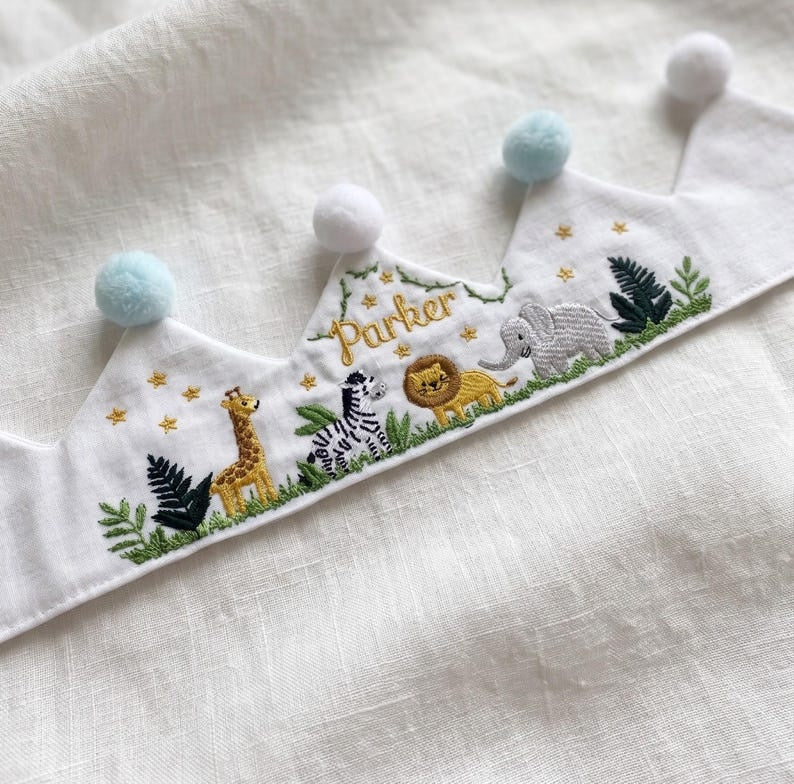 Safari Animals Personalized Birthday Baby Crown, Hand Embroidered Linen Baby Crown, Custom Jungle Name Crown, First Birthday Crown