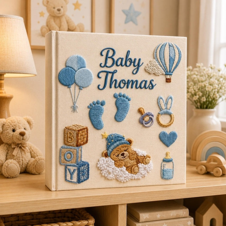 Personalized Hand Embroidered Keepsake Baby Photo Album, Embroidered Teddy Bear Memory Book, Custom Linen Baby Keepsake Album, Newborn Gift EPLB03