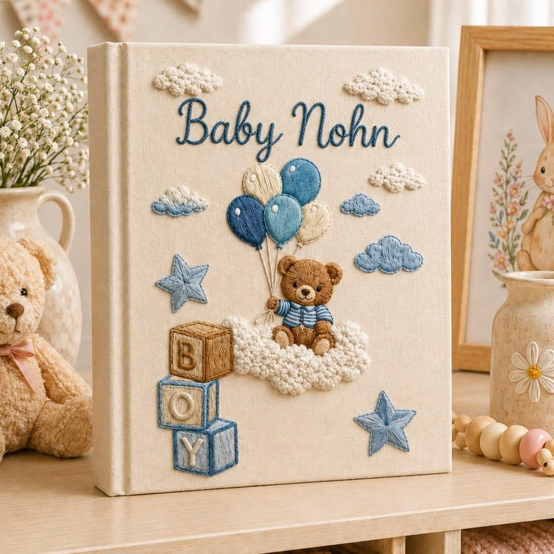 Personalized Hand Embroidered Keepsake Baby Photo Album, Embroidered Teddy Bear Memory Book, Custom Linen Baby Keepsake Album, Newborn Gift EPLB03