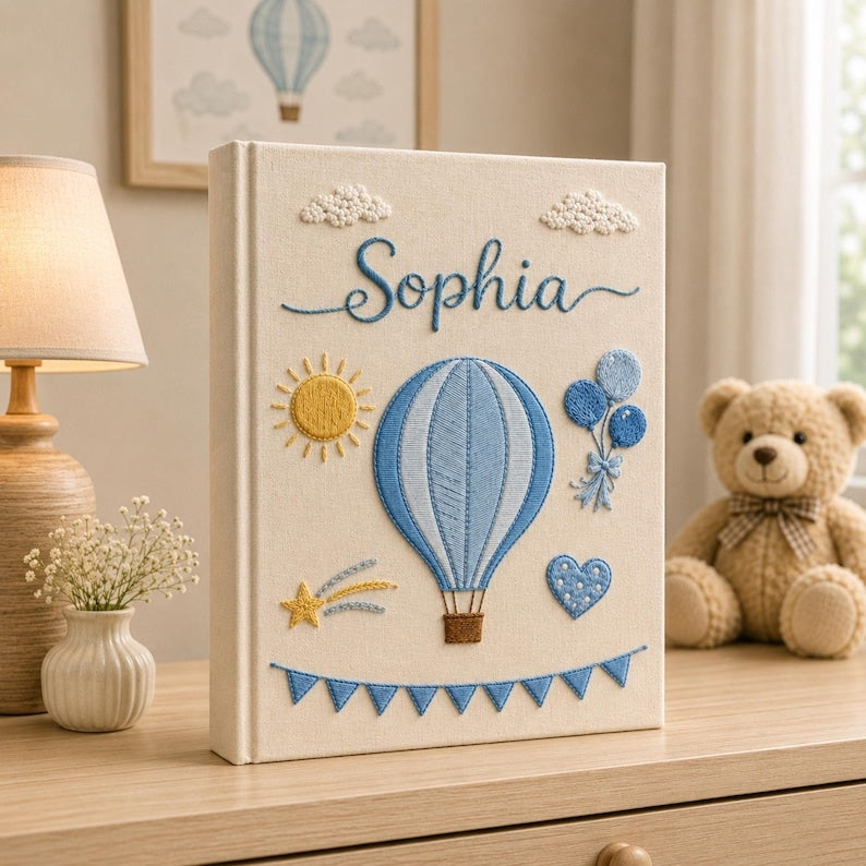 Personalized Hand Embroidered Keepsake Baby Photo Album, Embroidered Teddy Bear Memory Book, Custom Linen Baby Keepsake Album, Newborn Gift EPLB03