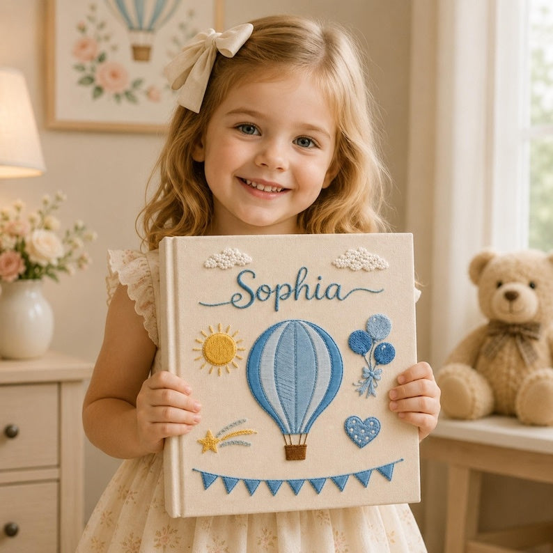 Personalized Hand Embroidered Keepsake Baby Photo Album, Embroidered Teddy Bear Memory Book, Custom Linen Baby Keepsake Album, Newborn Gift EPLB03