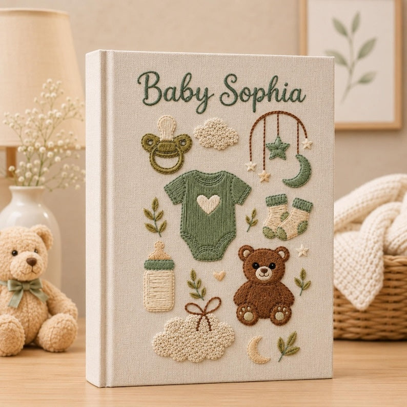 Personalized Hand Embroidered Keepsake Baby Photo Album, Embroidered Teddy Bear Memory Book, Custom Linen Baby Keepsake Album, Newborn Gift EPLB03