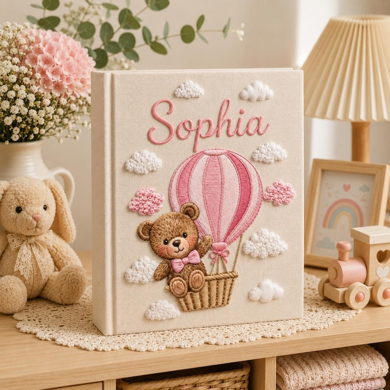 Custom Hand Embroidered Baby Photo Album, Teddy Bear Balloon Linen Memory Book, Baby Album Keepsake, Baby Shower Gift, Girl Nursery Album EPLB02