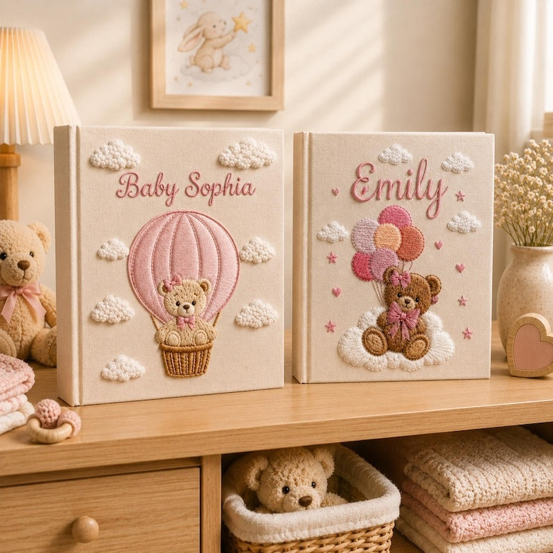 Custom Hand Embroidered Baby Photo Album, Teddy Bear Balloon Linen Memory Book, Baby Album Keepsake, Baby Shower Gift, Girl Nursery Album EPLB02