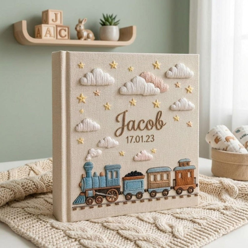 Personalized Hand Embroidered Baby Photo Album, Custom Name Train Theme Linen Keepsake, Birth Date Memory Book, Nursery Decor Gift EPLB04