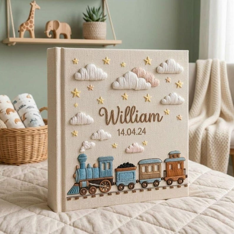Personalized Hand Embroidered Baby Photo Album, Custom Name Train Theme Linen Keepsake, Birth Date Memory Book, Nursery Decor Gift EPLB04