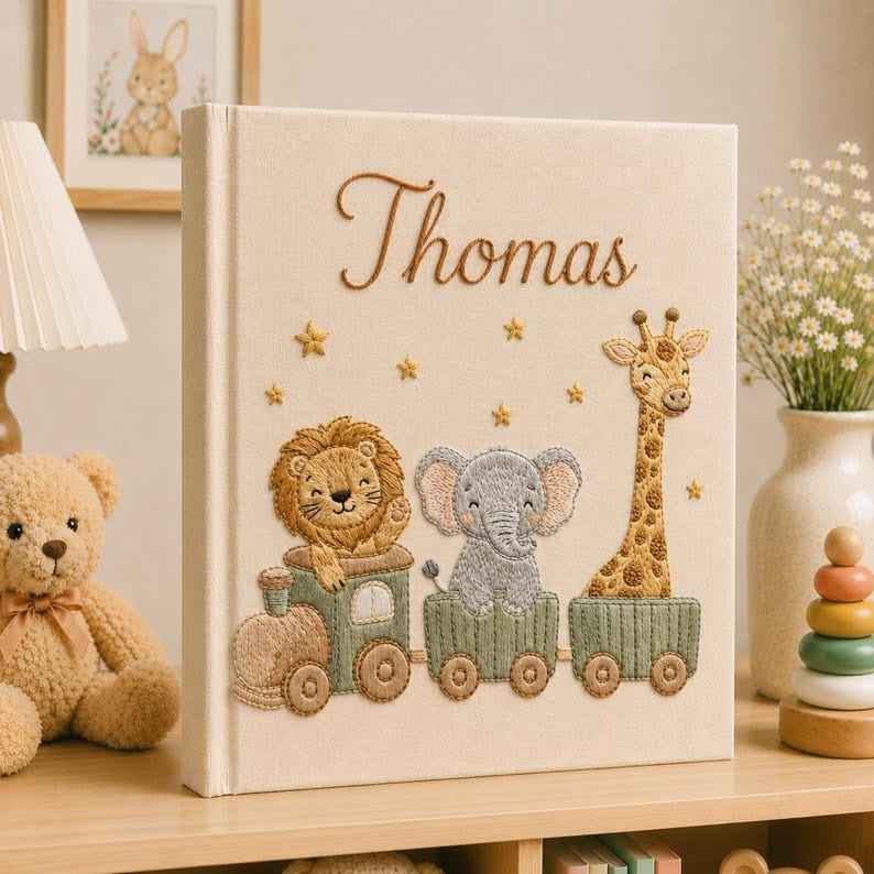 Hand Embroidered Baby Photo Album With Sleeves, Embroidered Linen Baby Memory Book, Safari Baby Photo Album, Newborn Keepsake Album EPLB01