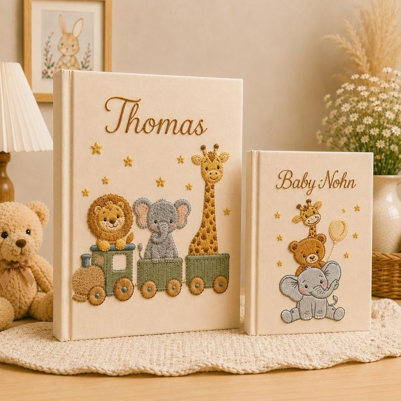 Hand Embroidered Baby Photo Album With Sleeves, Embroidered Linen Baby Memory Book, Safari Baby Photo Album, Newborn Keepsake Album EPLB01
