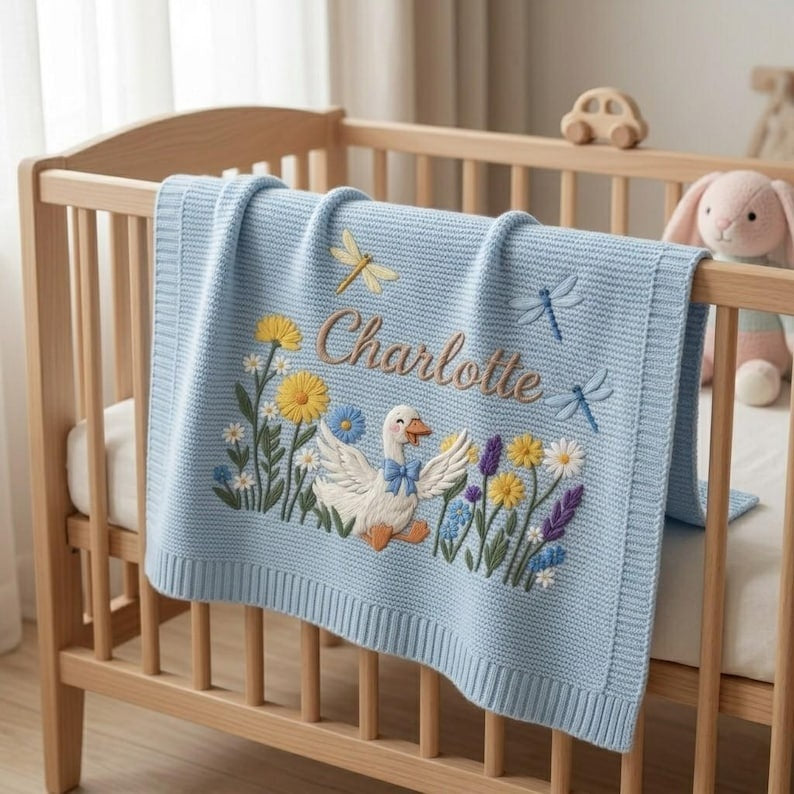 Personalized Embroidered Silly Goose Baby Boy Blanket, Silly Goose Flower Knit Blanket for Newborn, Gift for Baby, Keepsake Newborn Gift