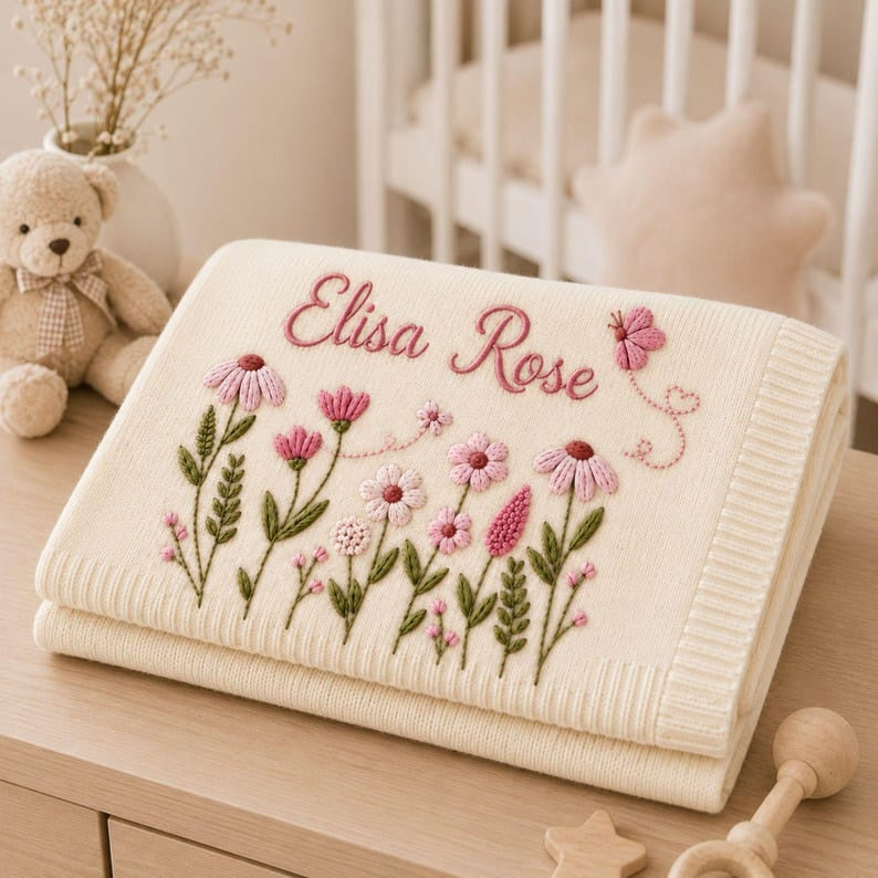 Personalized Floral Butterfly Embroidered Baby Blanket, Custom Embroidered Knit Name Blanket, Welcome Baby Nursery Keepsake, Newborn Gift