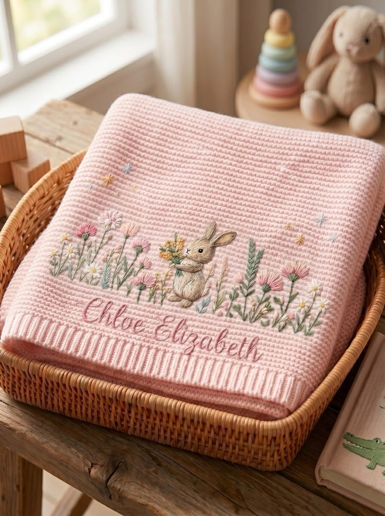 Personalized Bunny Baby Embroidered Blanket, Floral Baby Girl Blanket, Custom Rabbit Blanket, Welcome Baby Nursery Keepsake, Newborn Gift