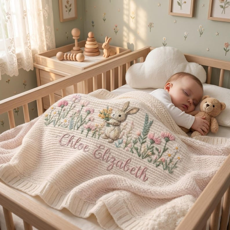 Personalized Bunny Baby Embroidered Blanket, Floral Baby Girl Blanket, Custom Rabbit Blanket, Welcome Baby Nursery Keepsake, Newborn Gift