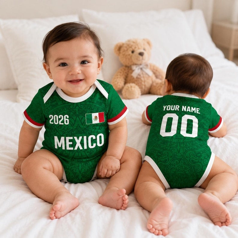 Custom Mexico 2026 World Soccer Baby Suit, Personalized Name Number Baby Romper, Soccer Uniform Kit, Gift For Newborn