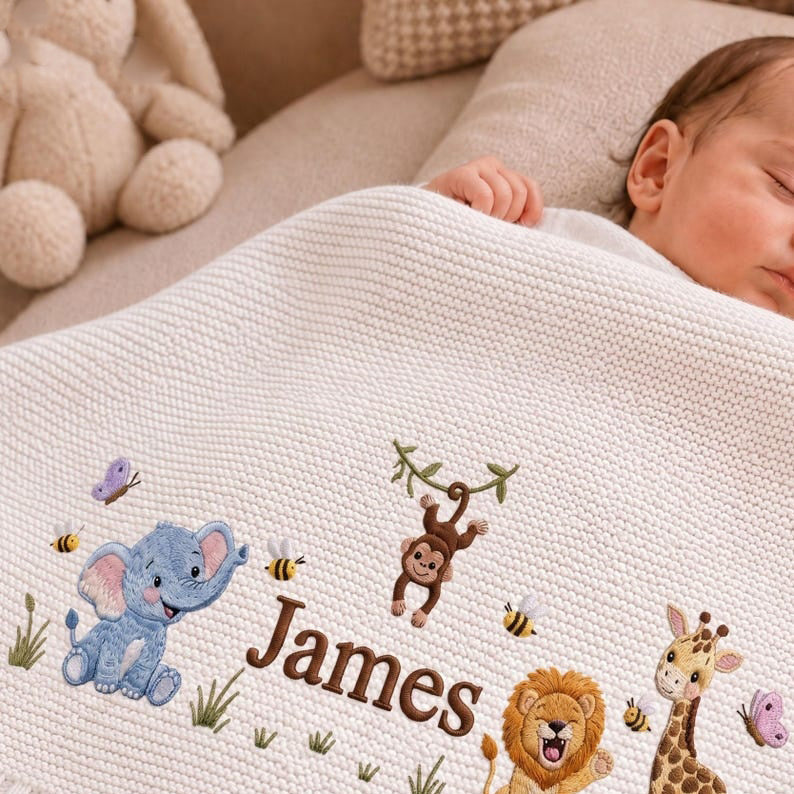 Custom Safari Embroidered Baby Blanket, Personalized Name Jungle Animal Blanket, Gift For Newborn, Nursery Keepsake Gift