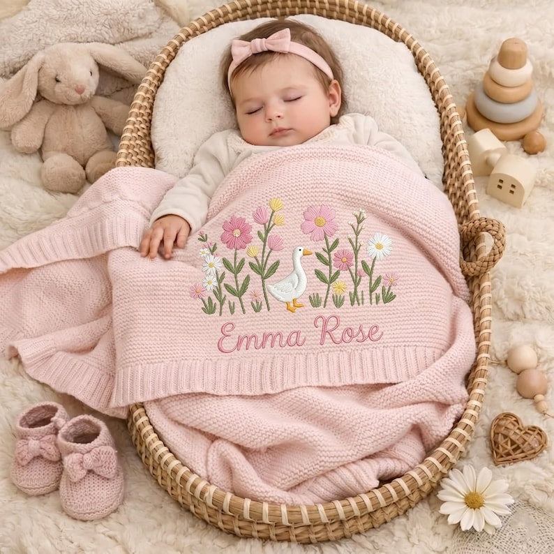 Personalized Embroidered Goose Floral Baby Blanket - Duck Wildflower Knit Throw, Newborn Blanket, Nursery Keepsake, Newborn Gift For Baby