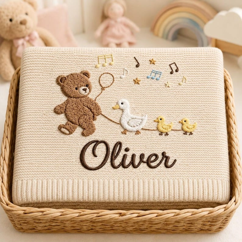 Personalized Teddy Bear Baby Blanket, Embroidered Name Blanket, Duck Baby Gift, Custom Newborn Gift, Baby Shower Gift