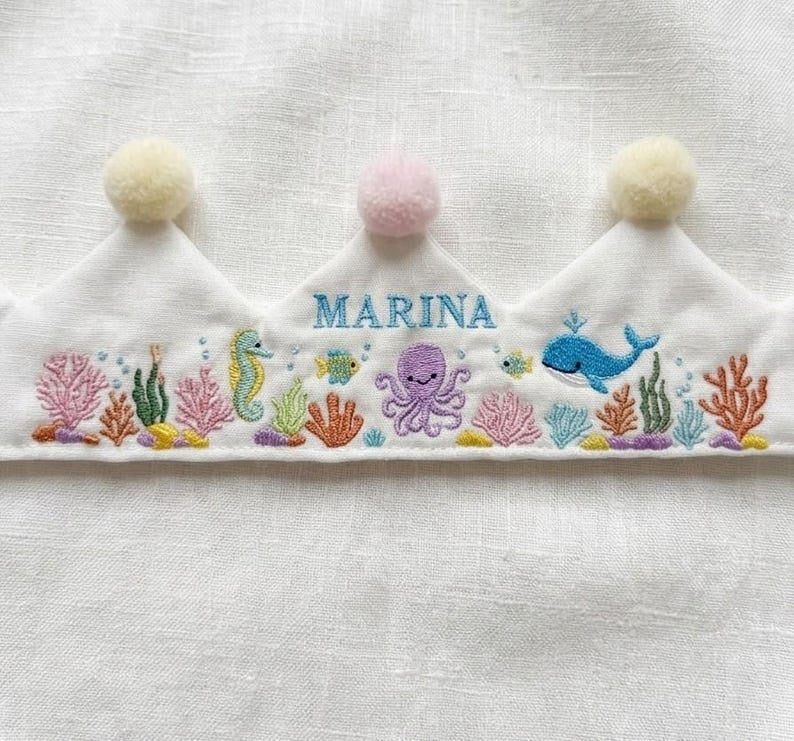 Personalized Under the Sea Embroidered Baby Crown, Whale Seahorse Linen Birthday Crown, Personalized Name Crown, First Birthday Crown