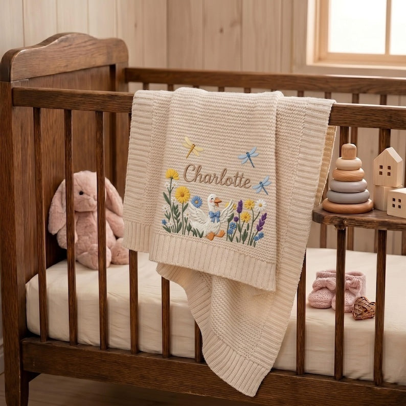 Personalized Embroidered Silly Goose Baby Boy Blanket, Silly Goose Flower Knit Blanket for Newborn, Gift for Baby, Keepsake Newborn Gift
