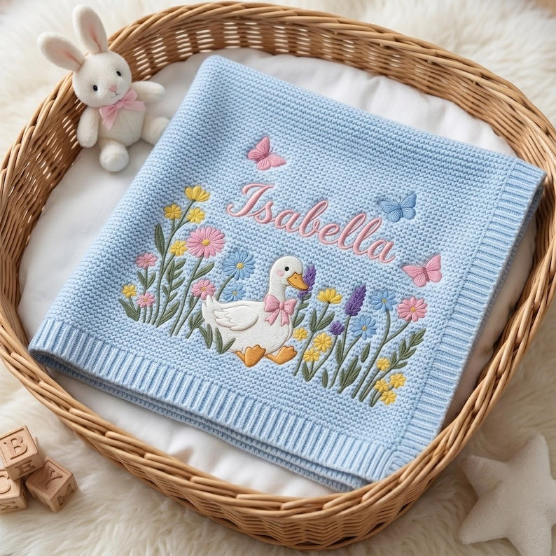 Personalized Embroidered Silly Goose Baby Girl Floral Blanket, Wildflower Knit Blanket for Newborn, Gift for Baby, Keepsake Newborn Gift