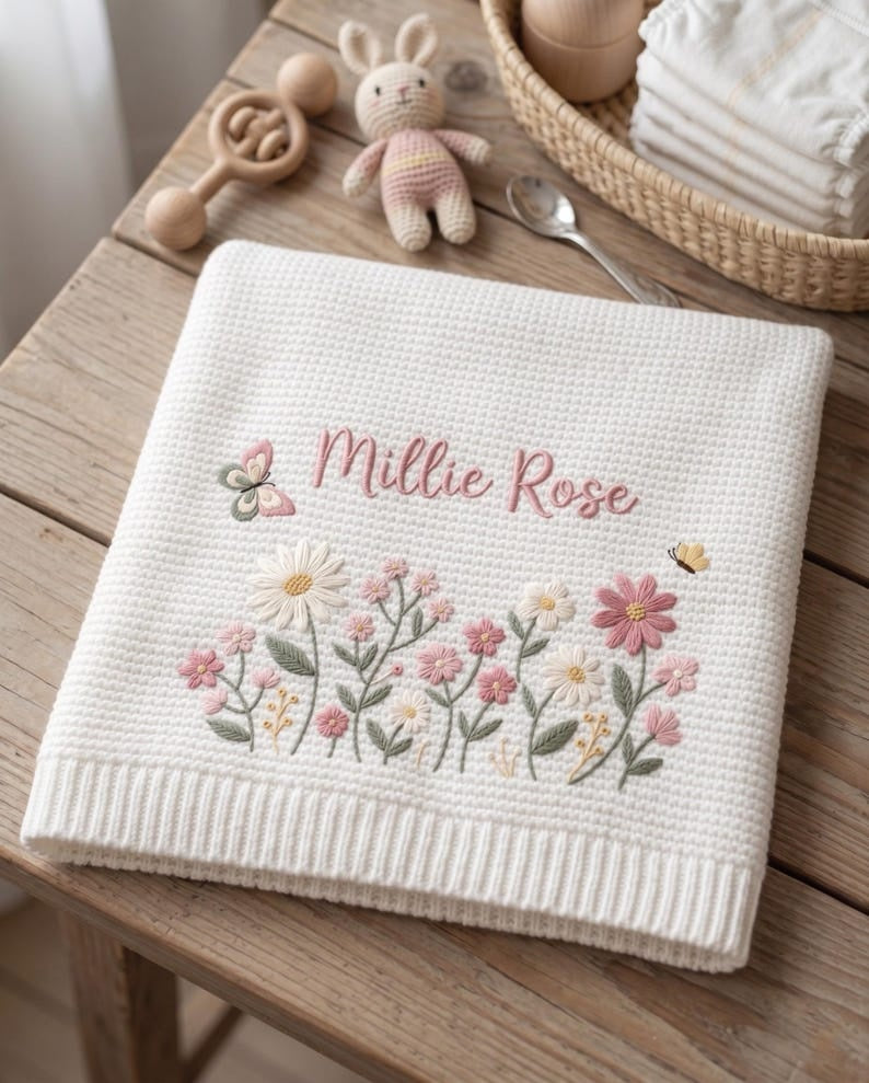 Personalized Floral Embroidered Baby Blanket - Custom Name Knitted Throw, Welcome Baby Blanket, Nursery Keepsake, Keepsake Newborn