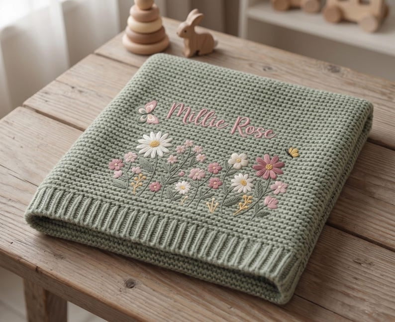 Personalized Floral Embroidered Baby Blanket - Custom Name Knitted Throw, Welcome Baby Blanket, Nursery Keepsake, Keepsake Newborn