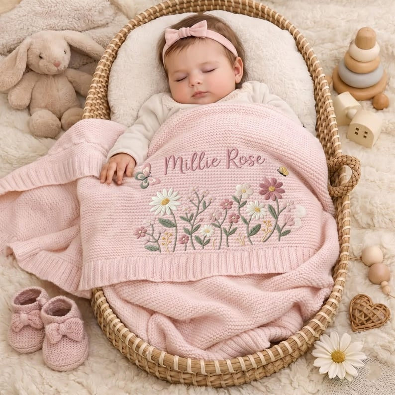 Personalized Floral Embroidered Baby Blanket - Custom Name Knitted Throw, Welcome Baby Blanket, Nursery Keepsake, Keepsake Newborn