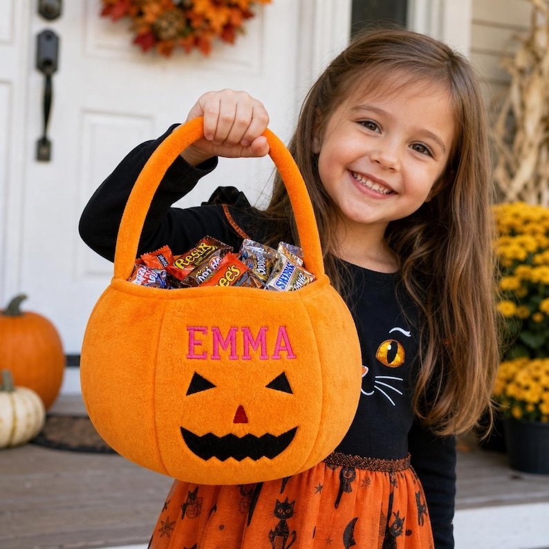 Personalized Pumpkin Trick or Treat Basket, Embroidered Halloween Candy Bag for Kids, Custom Name Plush Pumpkin Bucket