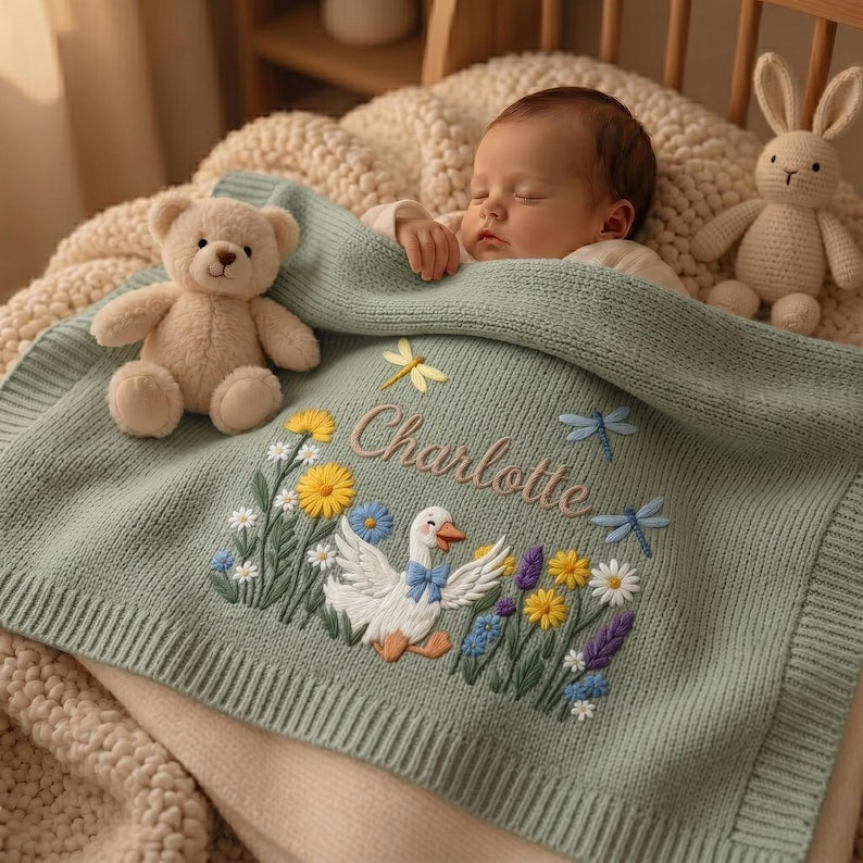 Personalized Embroidered Silly Goose Baby Boy Blanket, Silly Goose Flower Knit Blanket for Newborn, Gift for Baby, Keepsake Newborn Gift