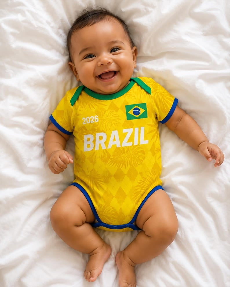 Personalized Brazil Baby Bodysuit, Custom Name Number Infant Soccer Outfit, Brazil Baby Jersey
