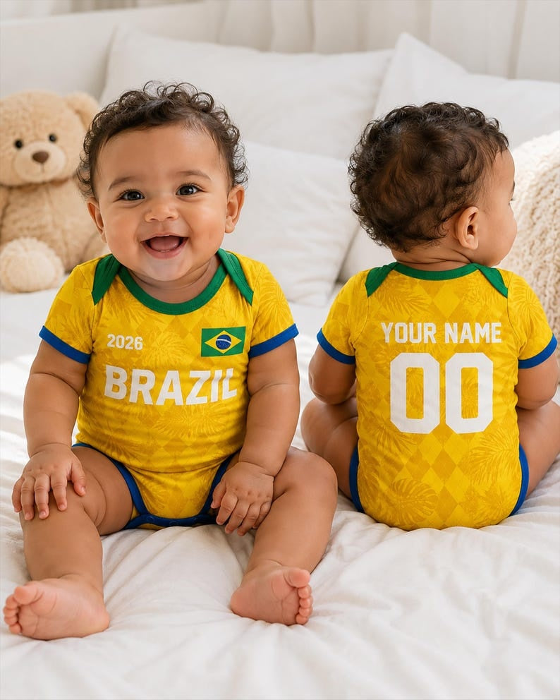 Personalized Brazil Baby Bodysuit, Custom Name Number Infant Soccer Outfit, Brazil Baby Jersey
