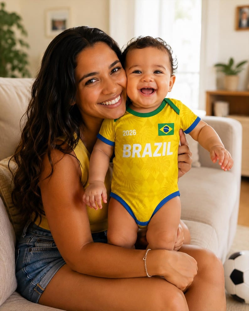 Personalized Brazil Baby Bodysuit, Custom Name Number Infant Soccer Outfit, Brazil Baby Jersey
