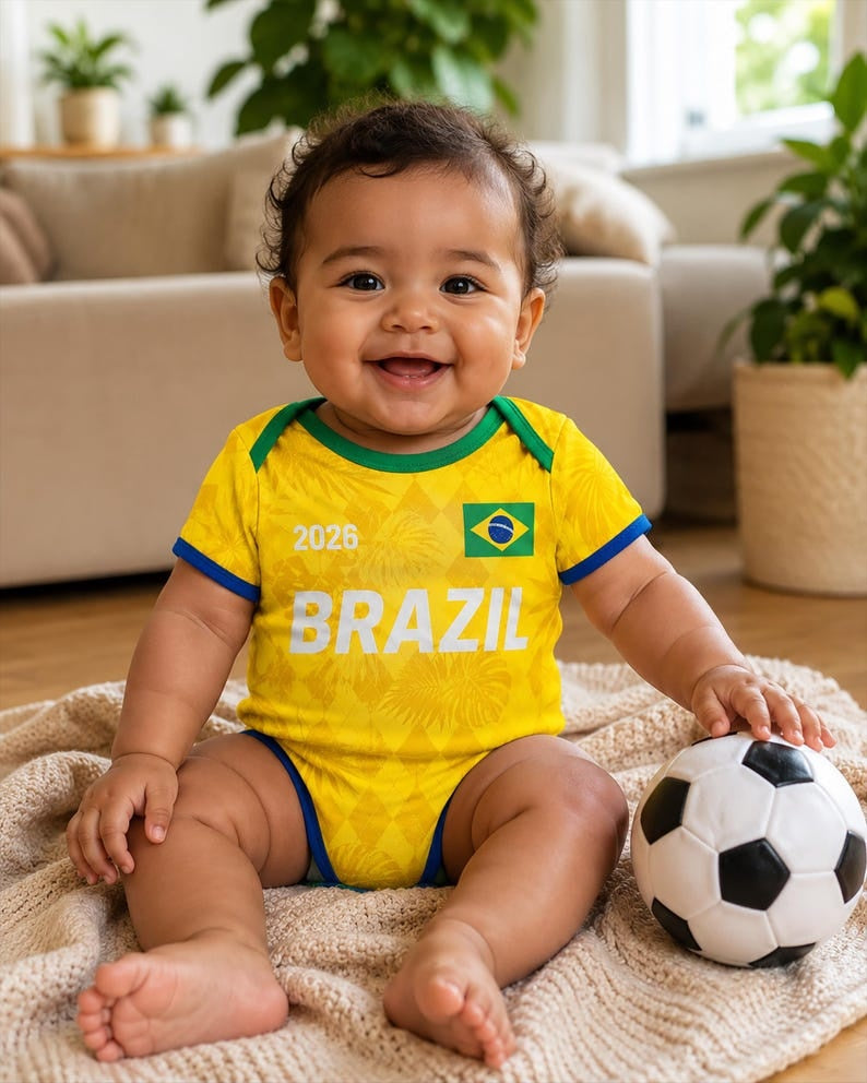 Personalized Brazil Baby Bodysuit, Custom Name Number Infant Soccer Outfit, Brazil Baby Jersey