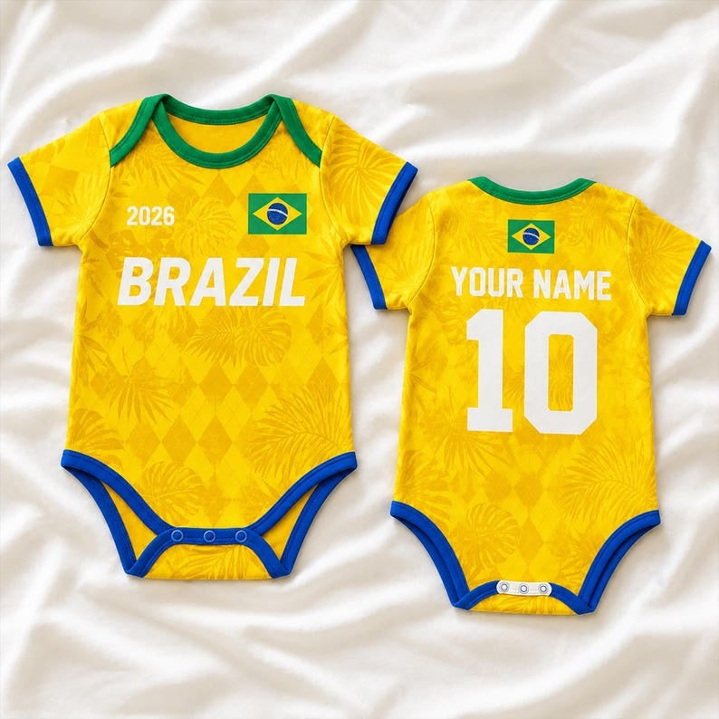 Personalized Brazil Baby Bodysuit, Custom Name Number Infant Soccer Outfit, Brazil Baby Jersey