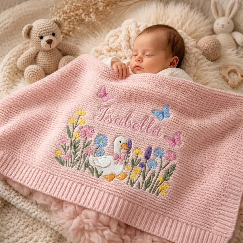 Personalized Embroidered Silly Goose Baby Girl Floral Blanket, Wildflower Knit Blanket for Newborn, Gift for Baby, Keepsake Newborn Gift