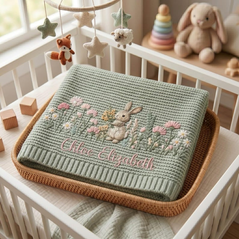 Personalized Bunny Baby Embroidered Blanket, Floral Baby Girl Blanket, Custom Rabbit Blanket, Welcome Baby Nursery Keepsake, Newborn Gift