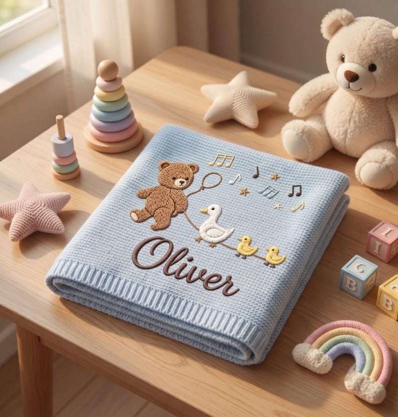 Personalized Teddy Bear Baby Blanket, Embroidered Name Blanket, Duck Baby Gift, Custom Newborn Gift, Baby Shower Gift