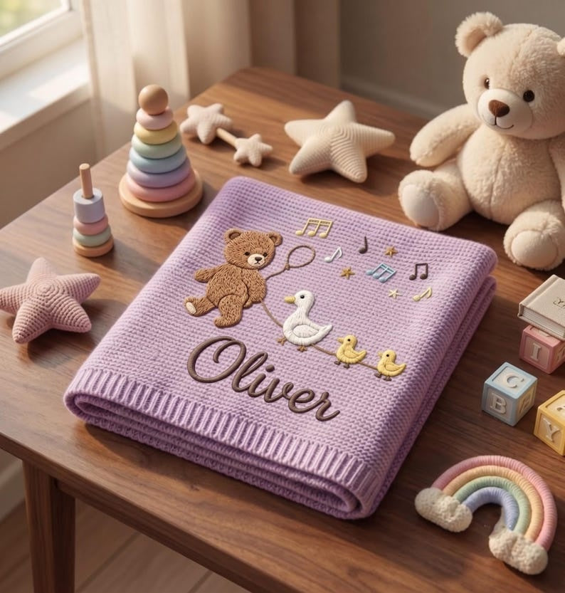 Personalized Teddy Bear Baby Blanket, Embroidered Name Blanket, Duck Baby Gift, Custom Newborn Gift, Baby Shower Gift