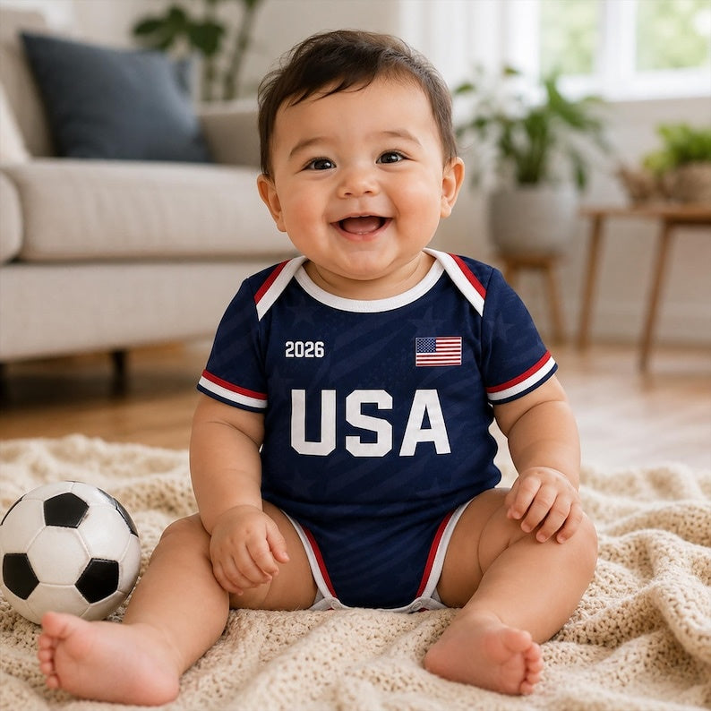 Personalized USA Coast Baby Bodysuit, Custom Name Number Infant Soccer Outfit, USA Baby Jersey