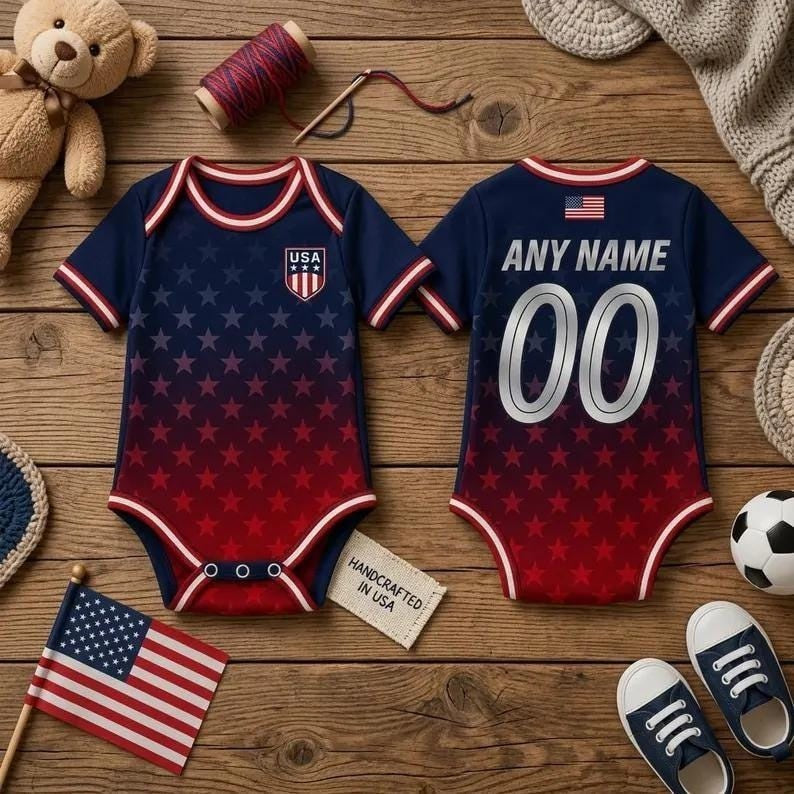 Personalized USA Soccer Baby Bodysuit, Custom Name Number Onesie, USA Football Fan Outfit, Patriotic Baby Gift