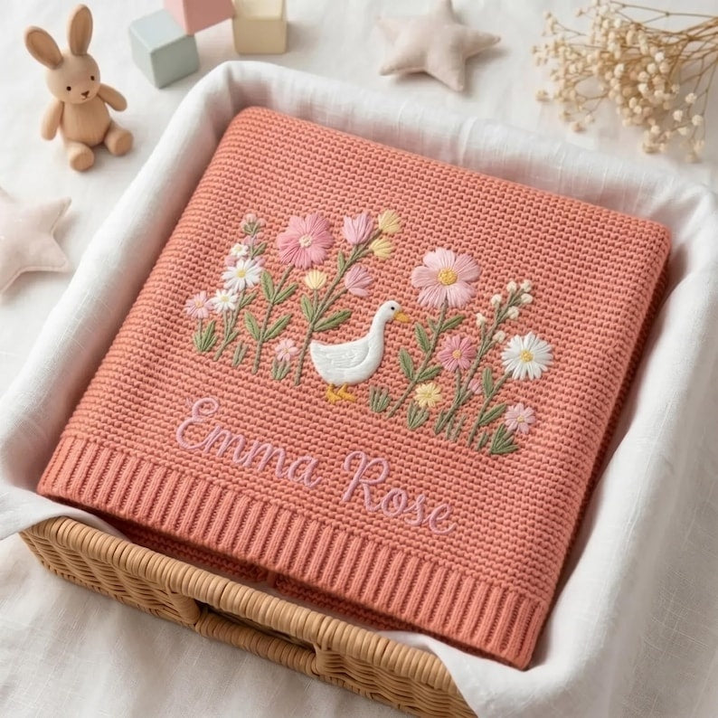 Personalized Embroidered Goose Floral Baby Blanket - Duck Wildflower Knit Throw, Newborn Blanket, Nursery Keepsake, Newborn Gift For Baby