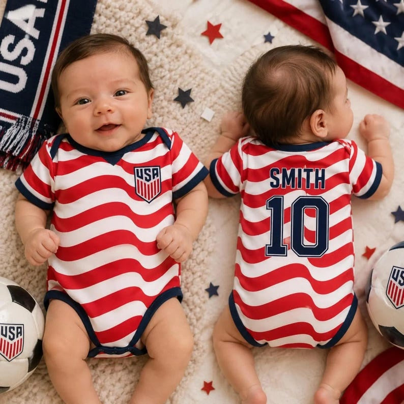 Personalized USA Soccer Baby Onesie, Custom Name Number Bodysuit, USA Football Fan Baby Outfit, World Cup Baby Gift