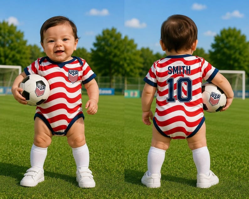 Personalized USA Soccer Baby Onesie, Custom Name Number Bodysuit, USA Football Fan Baby Outfit, World Cup Baby Gift