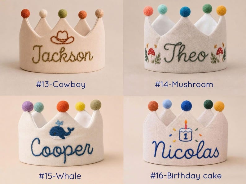 Hand Embroidered Linen Crown for Kids &Children's Birthdays, Personalized Gifts, Unique Custom Personalized Designs