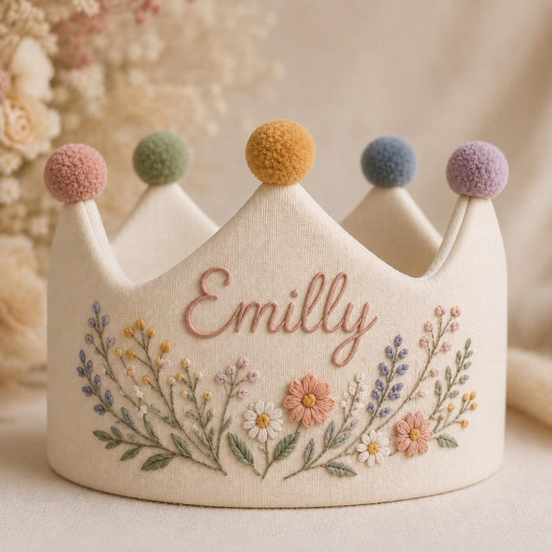 Personalized Floral Embroidered Crown, Custom Name First Birthday Crown, Princess Party Hat